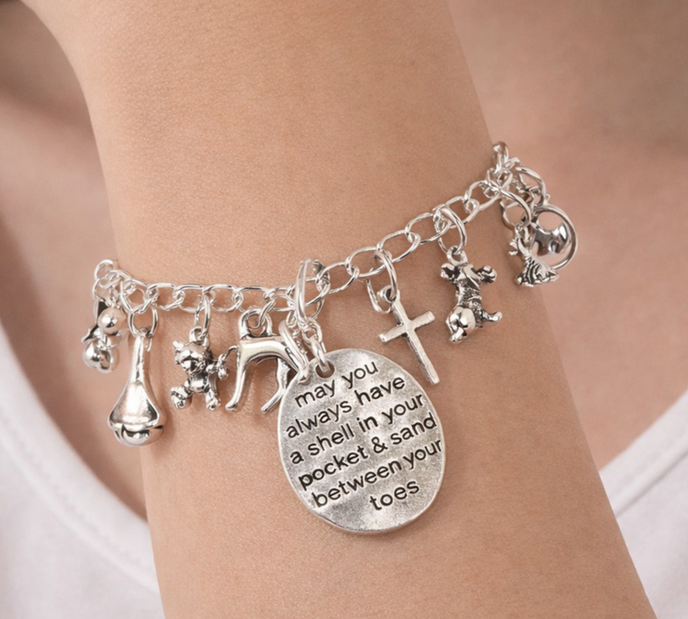 Silver Tone 8" Dog & Christian 11 Pc Charm Bracelet New Bulldog Grayhound